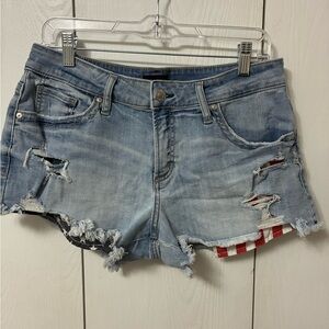 Silver Jeans Light Blue Distressed Denim Shorts with Flag Accent